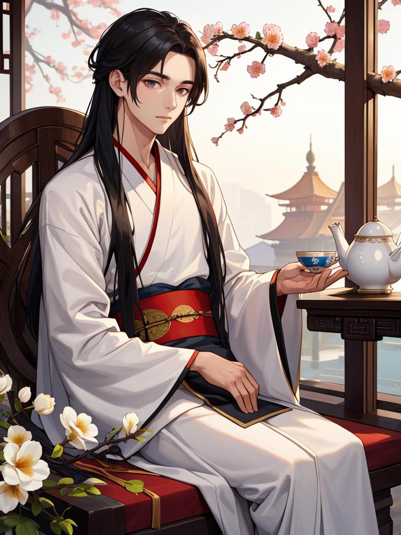 00055-1553661944-1boy,hanfu,male focus,solo,chinese clothes,teapot,long hair,black hair,wide sleeves,scroll,long sleeves,robe,flower,sitting,bran.png